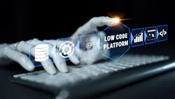 Futuristic Low Code Platform Concept with Human Hand Interacting with Digital Symbols and Technology Elements in a Dark Background Quark. Futuristic Low Code Platform Concept with Human Hand Interacting with Digital Symbols and Technology Elements in a Dark Background Quark.