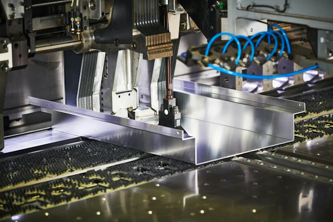 Panel bending machine at work. process of metal sheet forming