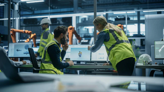 Male Industrial Engineer Showing Machine Component 3D Render To Female Manager On Desktop Computer. Automated Robot Arm Assembly Line Manufacturing Machinery.