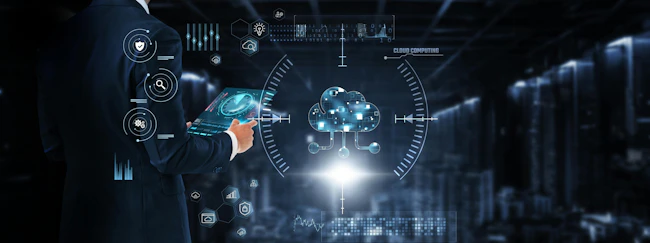 Cloud Computing: Businessman control and monitoring cloud computing technology system on digital screen. Data storage, scalability, real-time access, collaboration, cost efficiency, disaster recovery.