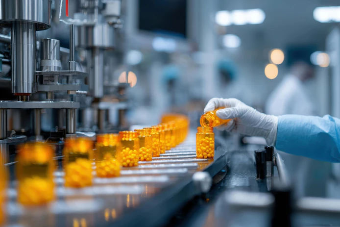 A gloved hand pours pills into a bottle on a conveyor belt in a pharmaceutical manufacturing facility. Multiple filled bottles are in a row.