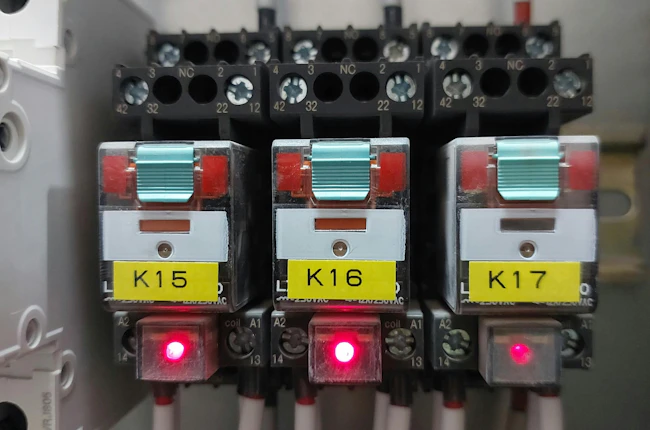 An electrical relay bank inside an industrial control panel.