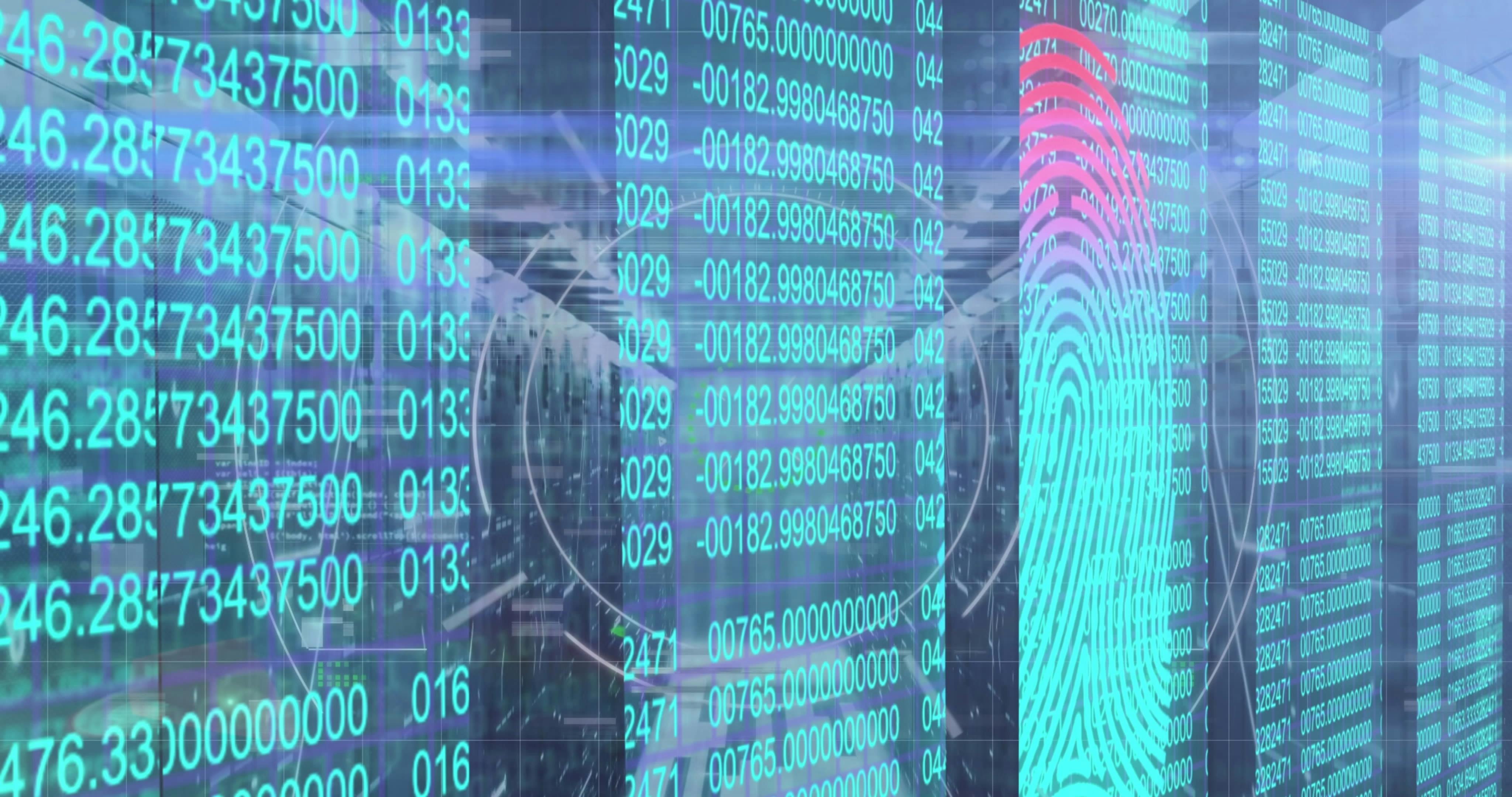 Displaying turquoise fingerprint graphic overlaying scrolling numeric code in server rack aisles.