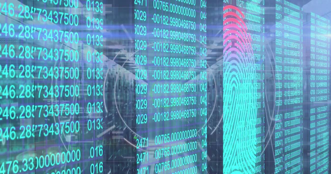 Displaying turquoise fingerprint graphic overlaying scrolling numeric code in server rack aisles.