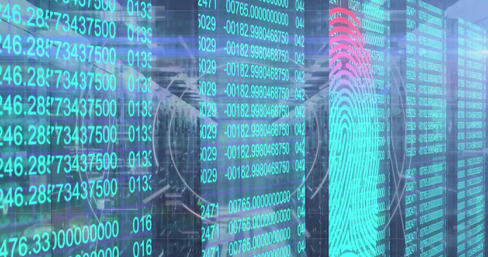Displaying turquoise fingerprint graphic overlaying scrolling numeric code in server rack aisles.