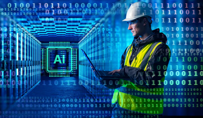 AI infrastructure engineering involves a technician inspecting data center servers, using a laptop to monitor system performance and support machine-learning operations.