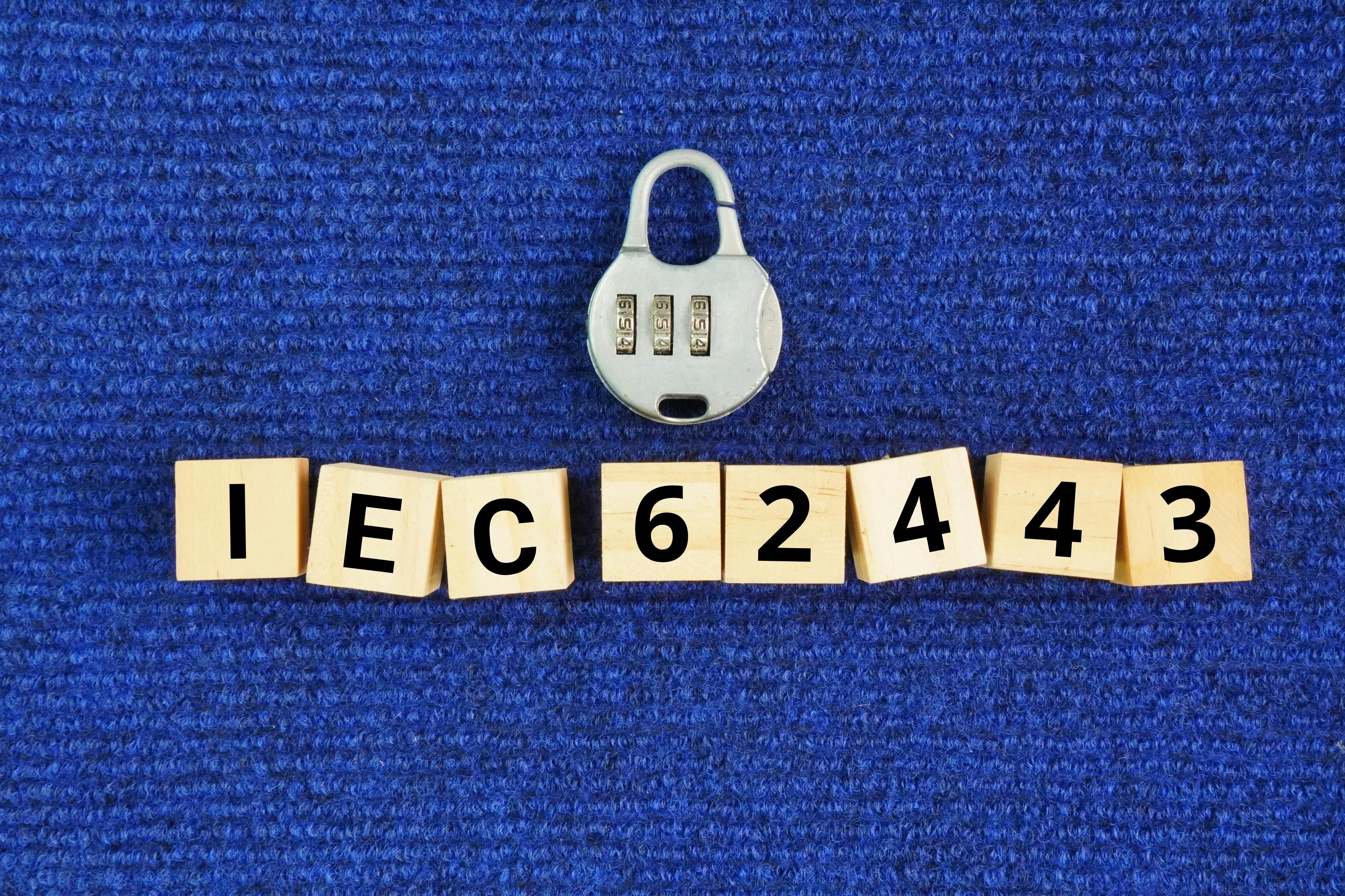 Wooden cube and key with the words IEC 62443. international standards providing a framework to secure Industrial Automation and Control Systems IACS