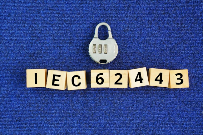 Wooden cube and key with the words IEC 62443. international standards providing a framework to secure Industrial Automation and Control Systems IACS