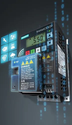 Figure 2: The Sinamics V20 Smart Access Module enables wireless commissioning, diagnostics and monitoring of variable-frequency drives through a mobile interface. Figure 2: The Sinamics V20 Smart Access Module enables wireless commissioning, diagnostics and monitoring of variable-frequency drives through a mobile interface.