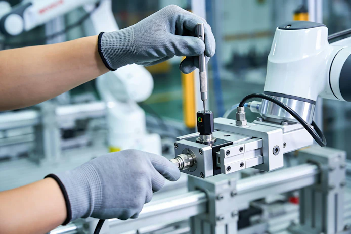 A worker in protective gloves carefully adjusts a sensor on an automated assembly line, highlighting advanced manufacturing processes and quality control
