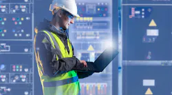 Electrical engineering, technician monitors control panels and analyzes system data on laptop. Industrial power equipment operation, safety inspection and maintenance in energy facility.