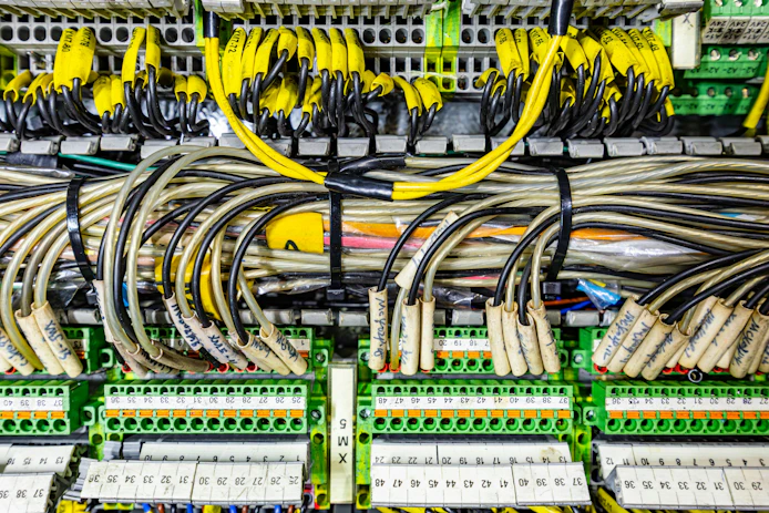 Complex industrial electrical control panel with many labeled yellow wires and terminal blocks in a distribution board