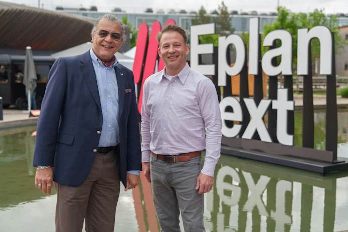 Dr. Grant Richards (right), assistant professor of practice at the Department of Engineering Technology at Purdue University, spoke with Contributing Editor Alix Paultre during Eplan Next26.