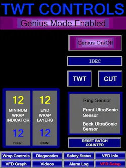 Figure 4: The IDEC HG3G HMI screens allow users to easily adjust operational and configuration settings. Utilizing portrait mode orientation allows the status of all relevant VFD parameters to be displayed conveniently. Figure 4: The IDEC HG3G HMI screens allow users to easily adjust operational and configuration settings. Utilizing portrait mode orientation allows the status of all relevant VFD parameters to be displayed conveniently.
