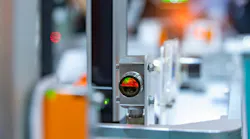transducer on industrial machine robot in assembly line working in factory.