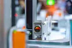 transducer on industrial machine robot in assembly line working in factory.