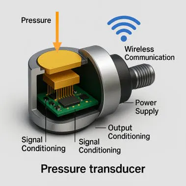 Figure 1: Pressure &rarr; [Diaphragm] &rarr; [Strain Gauge] &rarr; [Amplifier] &rarr; [4&ndash;20 mA Output].