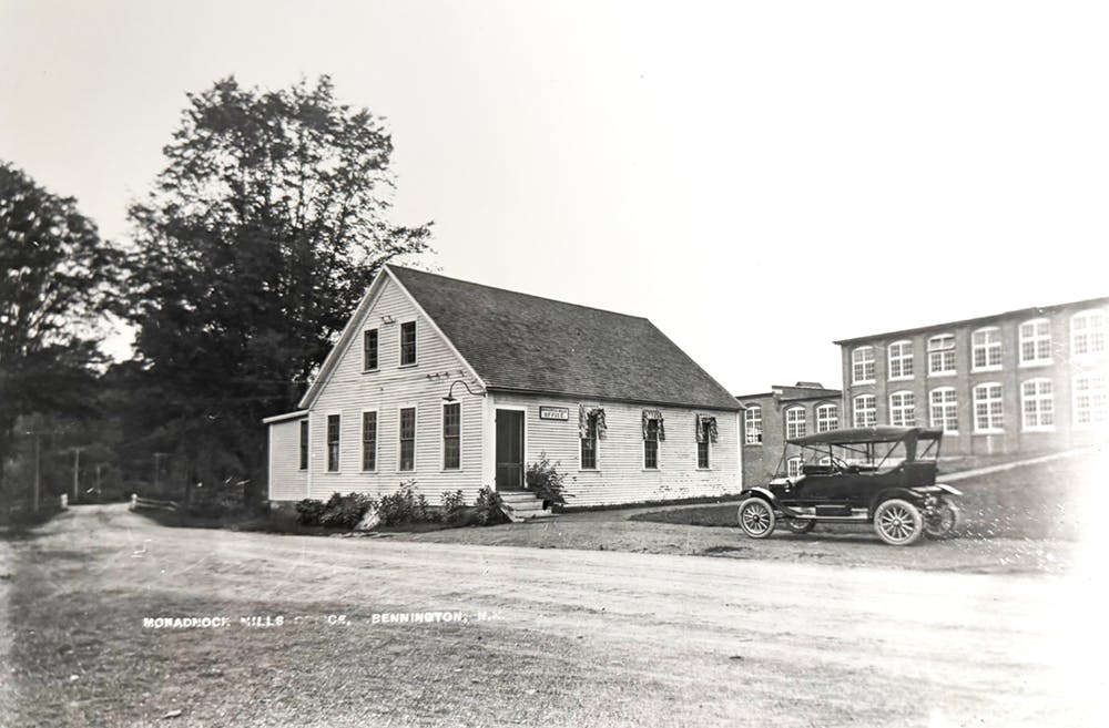 Black and white photo of old Mondadnock Mill from 207 years ago