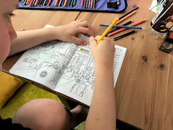 Based on photographs from Menzel's shop floor, the coloring book offers a vivid glimpse into the world of large electric motor manufacturing.