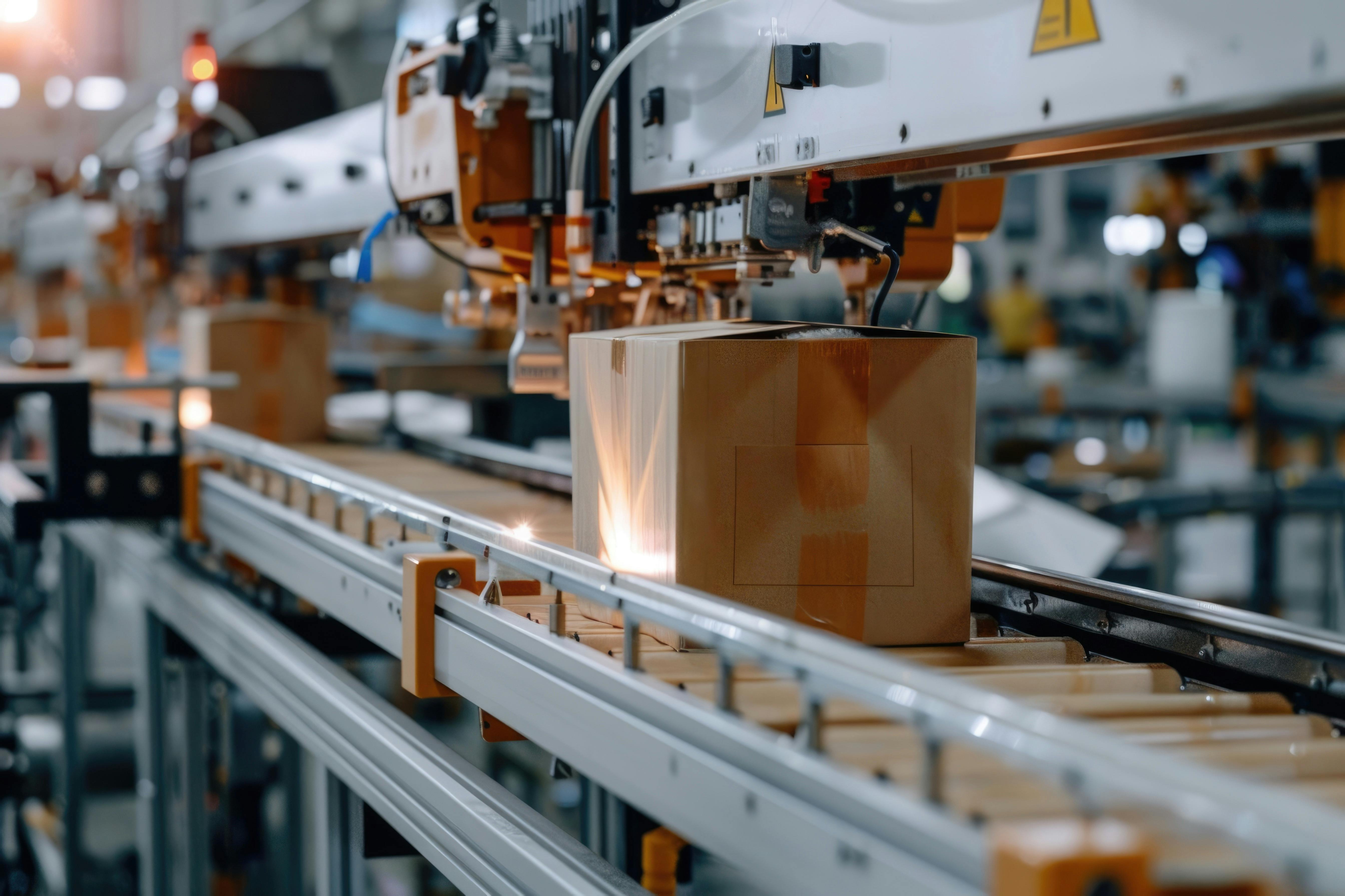 A cardboard box on a packaging conveyor belt in a Regal Rexnord factory