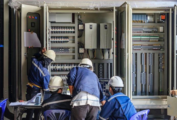 Engineer working on checking and maintenance equipment at wiring on PLC cabinet, Engineer checking status step up transformer