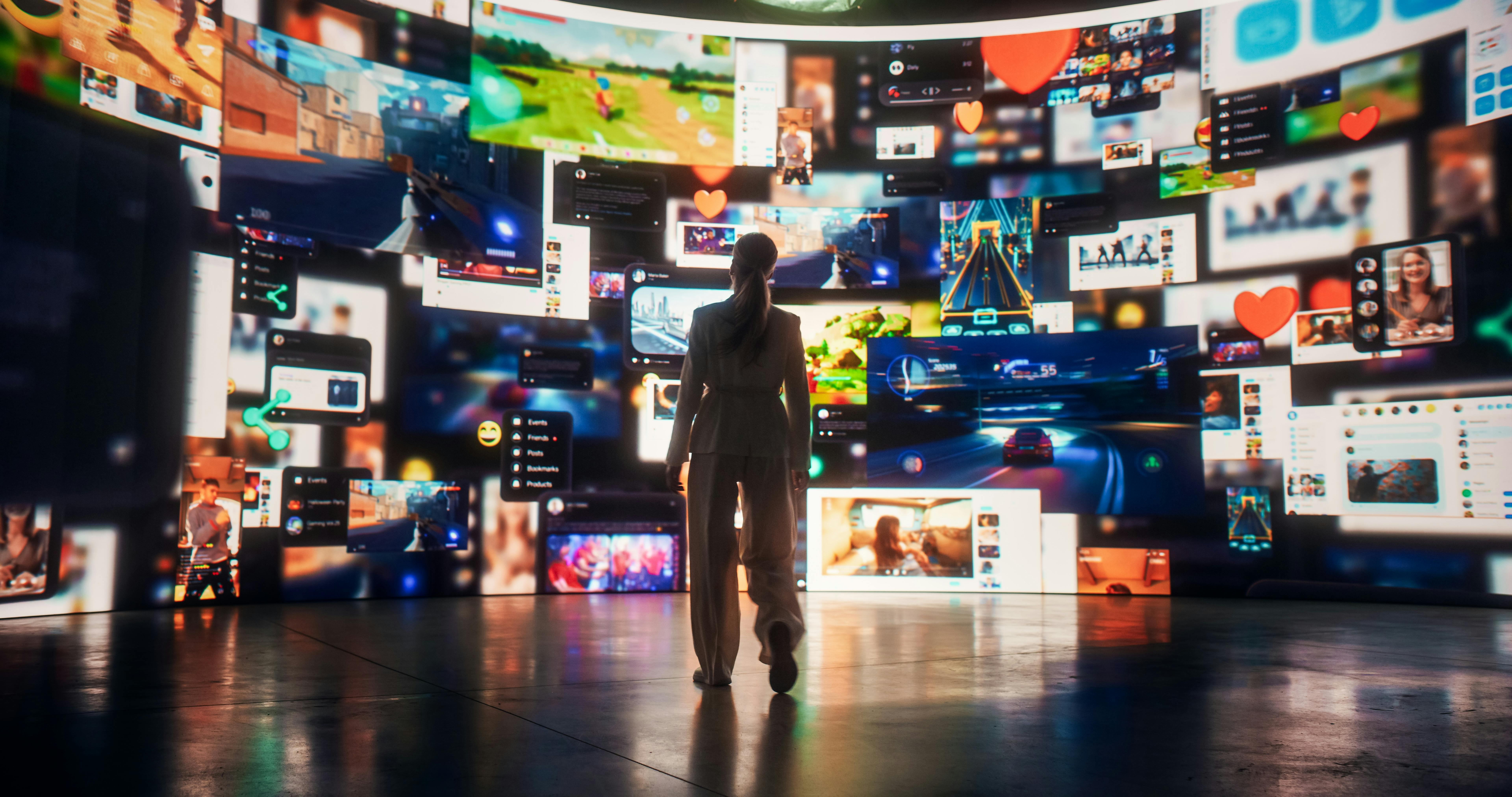 Backview Of Woman Looking at Animated Stream Of Online Interfaces With Social Media, Fintech Services, e-Commerce Shopping, Internet Influencers And Video Games.