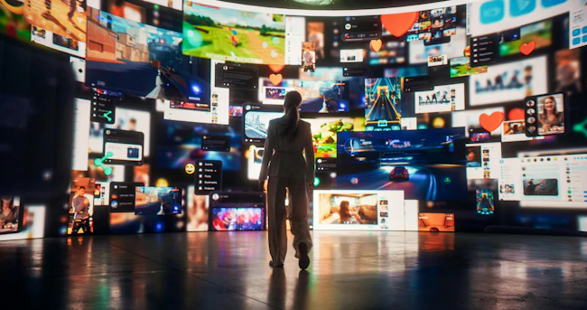 Backview Of Woman Looking at Animated Stream Of Online Interfaces With Social Media, Fintech Services, e-Commerce Shopping, Internet Influencers And Video Games.
