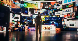 Backview Of Woman Looking at Animated Stream Of Online Interfaces With Social Media, Fintech Services, e-Commerce Shopping, Internet Influencers And Video Games.