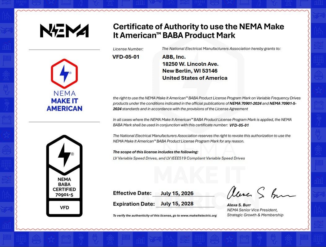ABB's Certificate of Authority to use the NEMA Make it American BABA Product Mark