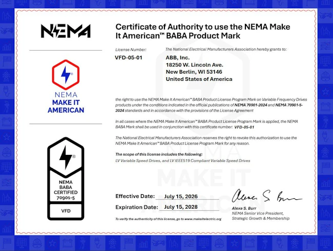 ABB's Certificate of Authority to use the NEMA Make it American BABA Product Mark