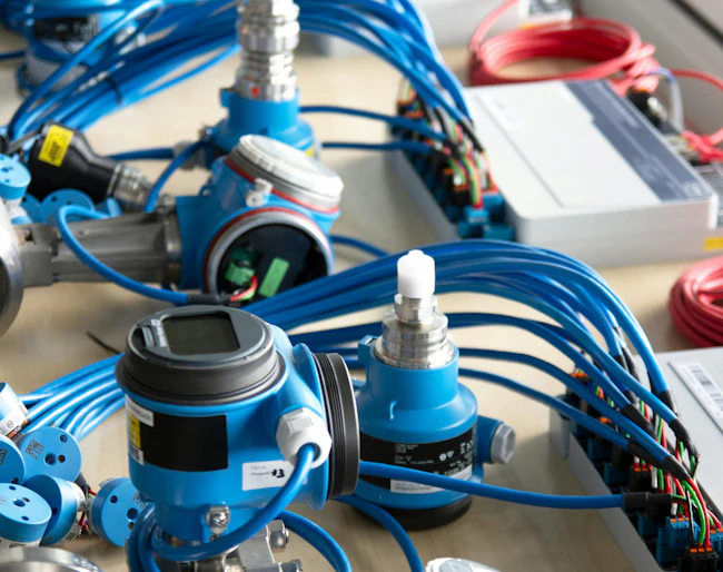 Blue Ethernet-APL devices laid out across a table with wires plugged into devices.