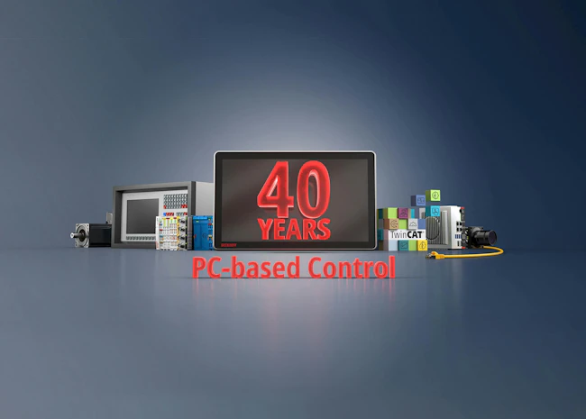 Beckhoff's celebration of 40 years of PC-based control graphic with PCs, EtherCAT, cables and more grouped together against a slate gray background.
