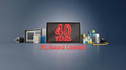 Beckhoff's celebration of 40 years of PC-based control graphic with PCs, EtherCAT, cables and more grouped together against a slate gray background.