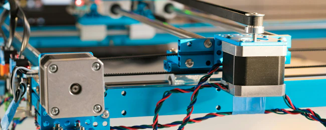 Details of a blue machine with a stepper motor.