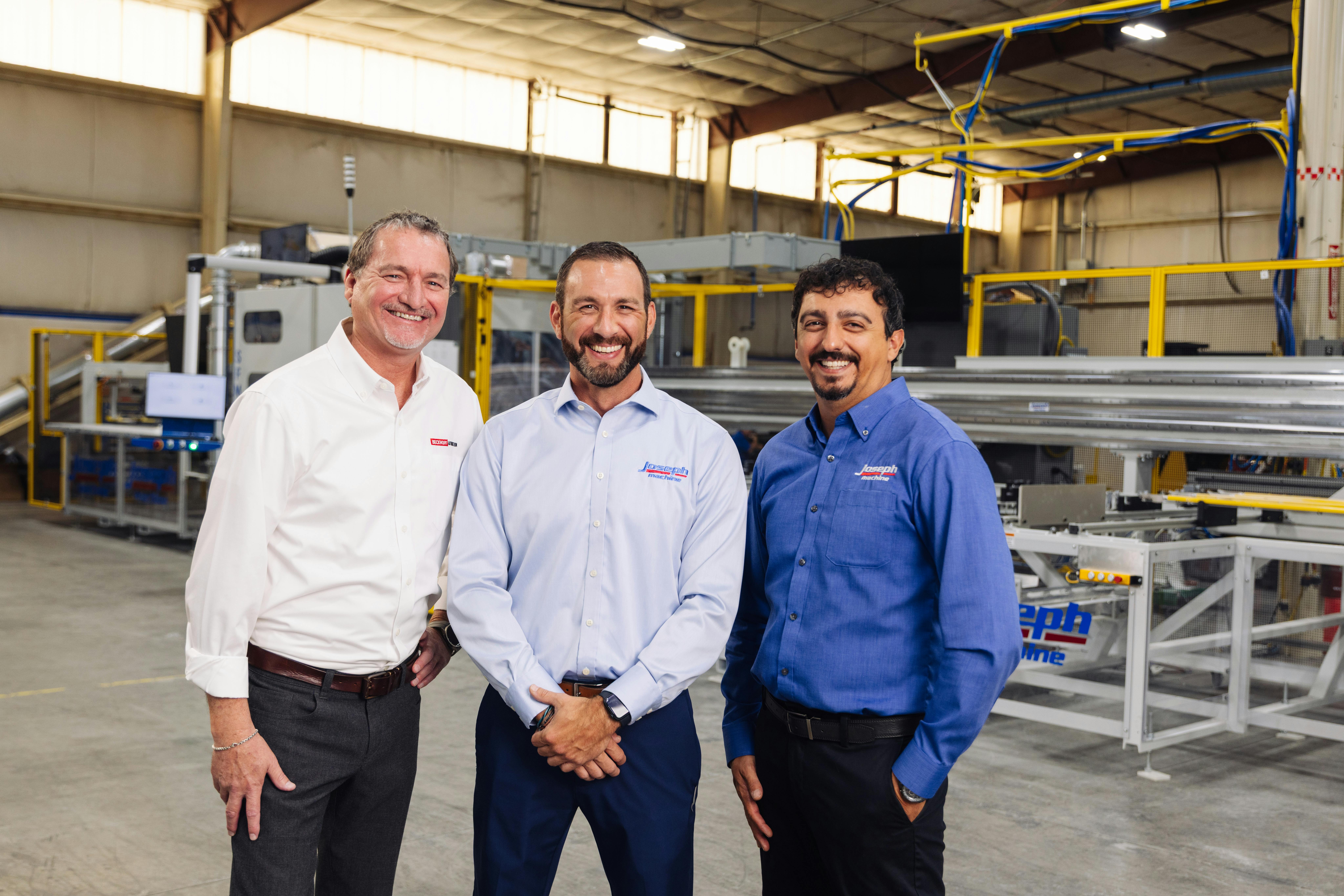 Paxton Shantz (from left), digital manufacturing industry manager, Beckhoff USA; Tom Vajdic, vice president of sales, Joseph Machine; and Albert Arustamyan, controls engineering manager, Joseph Machine.