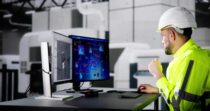 Engineer Doing 3D CAD Model Design On Computer At Factory