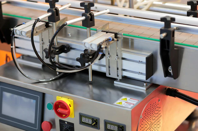 Control panel of automatic conveyor line. Selective focus.