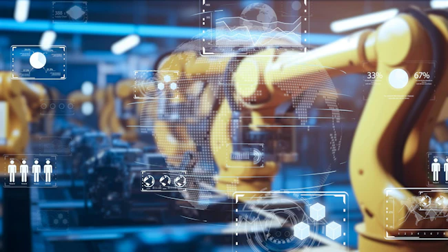 In the environment of Industry 4.0, the image of factory production lines using AI and factory automation through AI and robots.