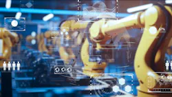 In the environment of Industry 4.0, the image of factory production lines using AI and factory automation through AI and robots.