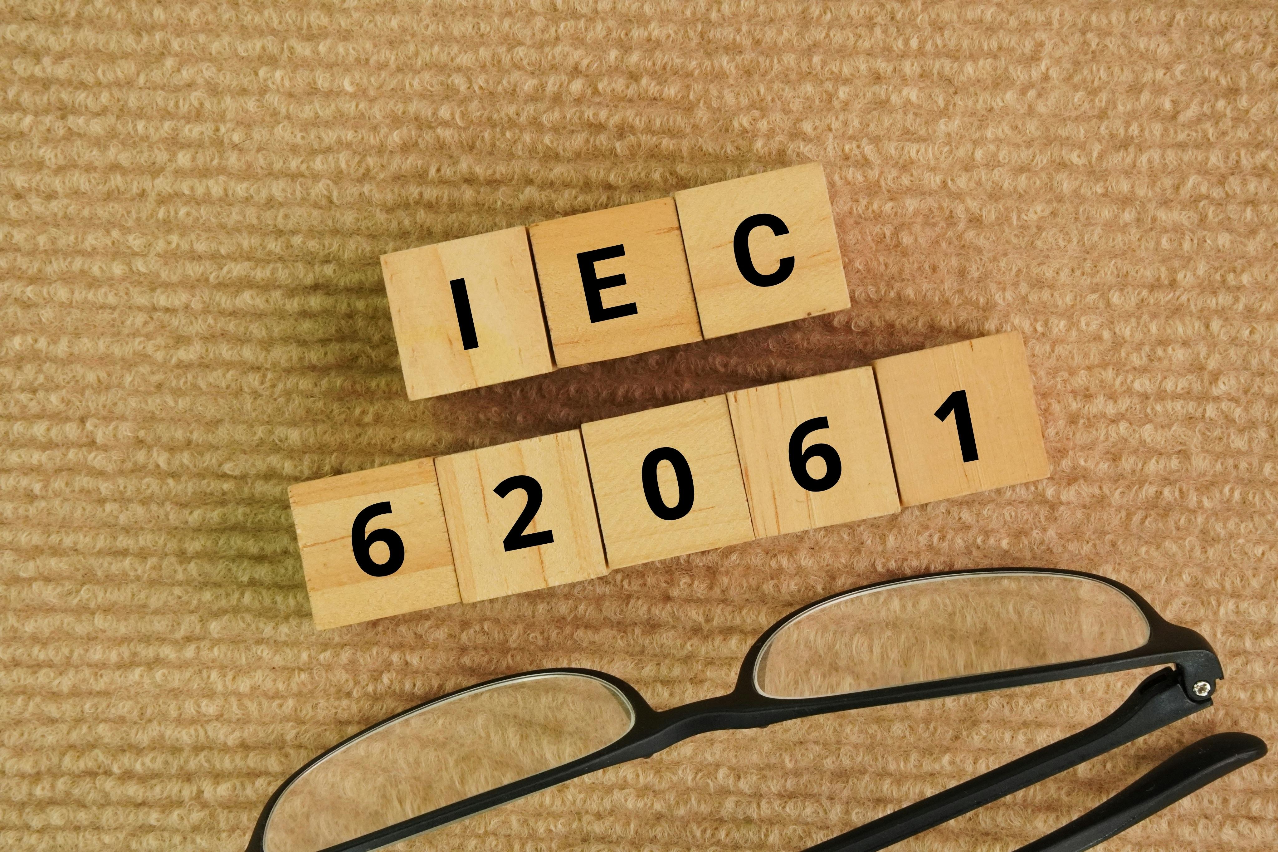 Glasses and wooden cubes with the words IEC 62061. Safety of machinery &ndash; Functional safety of safety-related electrical, electronic and programmable electronic control systems