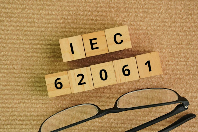 Glasses and wooden cubes with the words IEC 62061. Safety of machinery &ndash; Functional safety of safety-related electrical, electronic and programmable electronic control systems