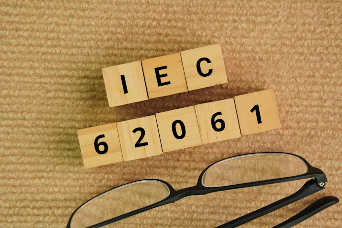 Glasses and wooden cubes with the words IEC 62061. Safety of machinery &ndash; Functional safety of safety-related electrical, electronic and programmable electronic control systems