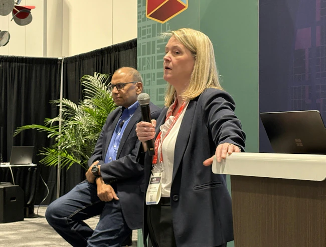Rahul Garg (left), vice president of industrial machinery at Siemens, and Lindsay Berg, general manager, industry marketing, at Microsoft, spoke at IMTS in Chicago.