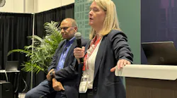 Rahul Garg (left), vice president of industrial machinery at Siemens, and Lindsay Berg, general manager, industry marketing, at Microsoft, spoke at IMTS in Chicago.