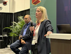 Rahul Garg (left), vice president of industrial machinery at Siemens, and Lindsay Berg, general manager, industry marketing, at Microsoft, spoke at IMTS in Chicago.