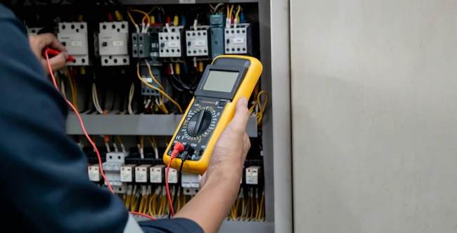 Engineer testing electrical system using a multimeter to measure the current at the control cabinet.