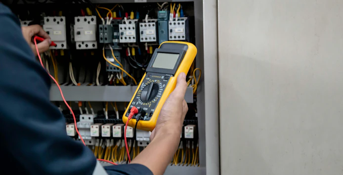 Engineer testing electrical system using a multimeter to measure the current at the control cabinet.