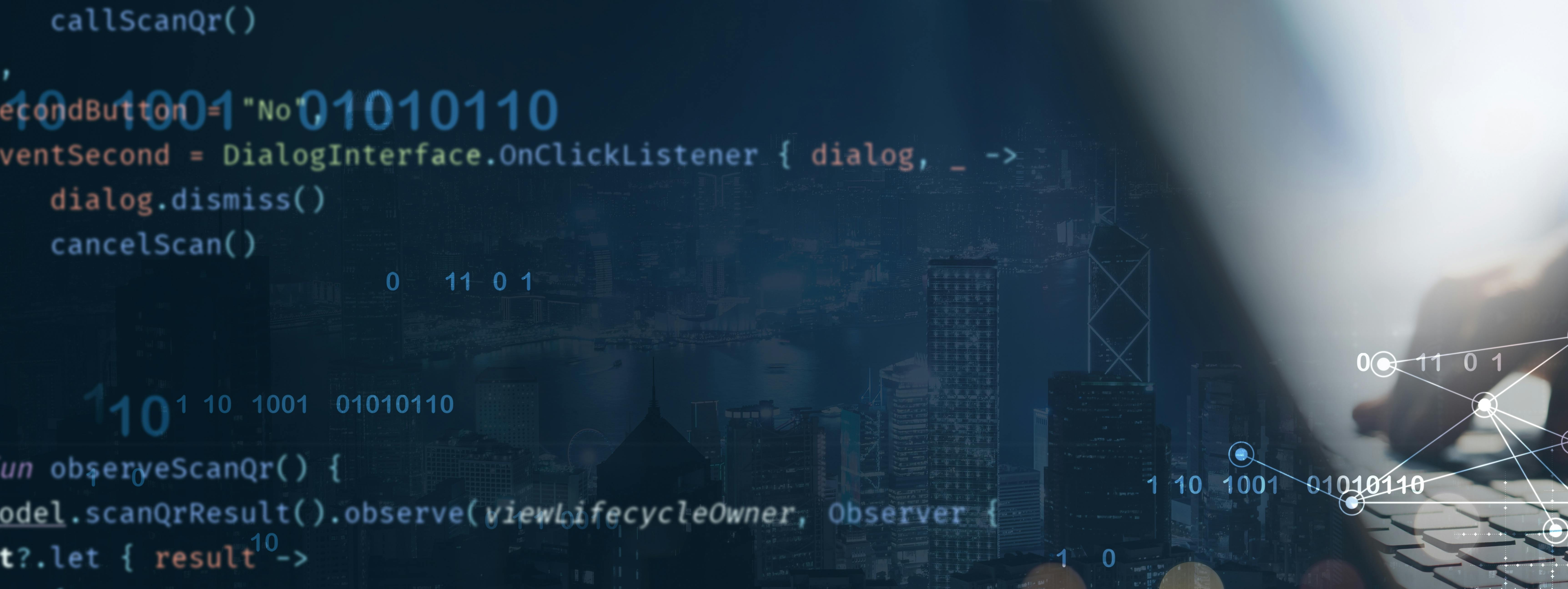 Digital technology, software development concept. Coding programmer, software engineer working on laptop with javascript on virtual screen. App development, computer code, agile methodology