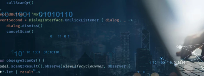 Digital technology, software development concept. Coding programmer, software engineer working on laptop with javascript on virtual screen. App development, computer code, agile methodology