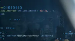 Digital technology, software development concept. Coding programmer, software engineer working on laptop with javascript on virtual screen. App development, computer code, agile methodology